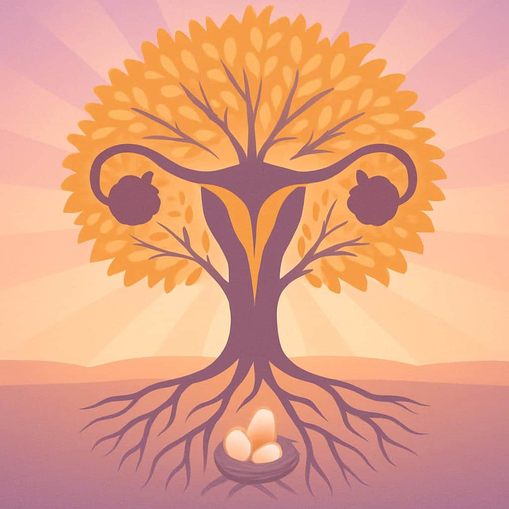 Flat vector illustration of a symbolic tree with roots and branches forming a womb silhouette and eggs among the roots, representing hope and fertility in adenomyosis.