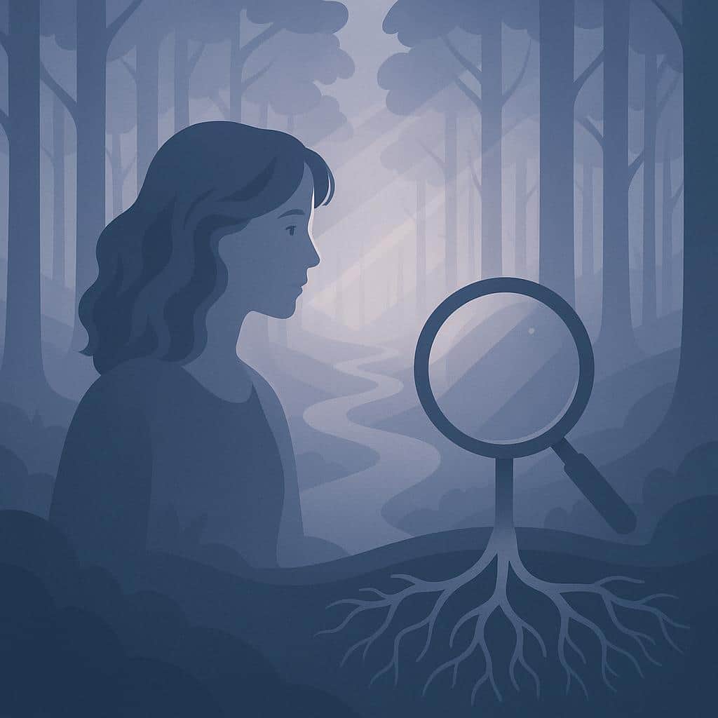 A flat vector illustration shows a misty forest with layered trees, a winding path, and a magnifying glass revealing hidden roots, symbolizing the elusive nature of adenomyosis diagnosis.
