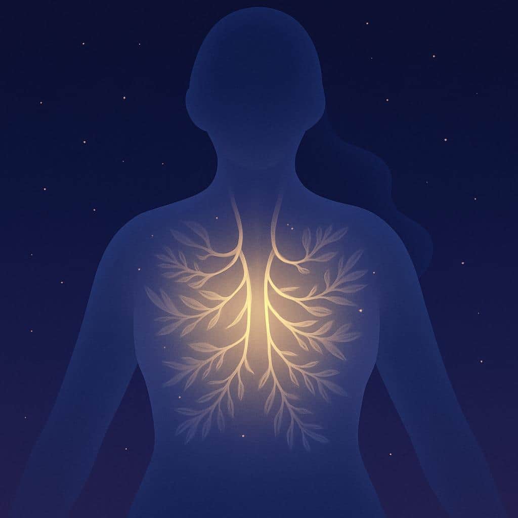Flat vector illustration of translucent diaphragm and branching nerves intertwined with luminous fern motifs, seen from a top-down angle in a deep twilight color palette.