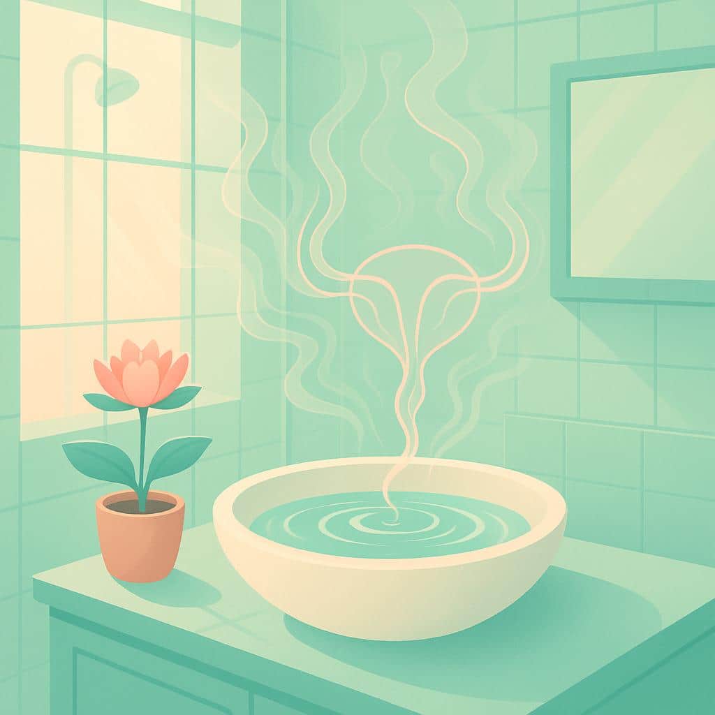 Flat vector illustration of a tranquil bathroom scene with a lotus flower, clear water bowl, and gentle wisps evoking the urinary tract in a symbolic, refreshing setting.