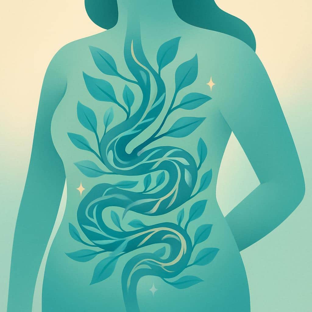 Abstract vector illustration of interwoven leafy vines forming a stylized digestive tract, symbolizing the connection between endometriosis and bowel health.