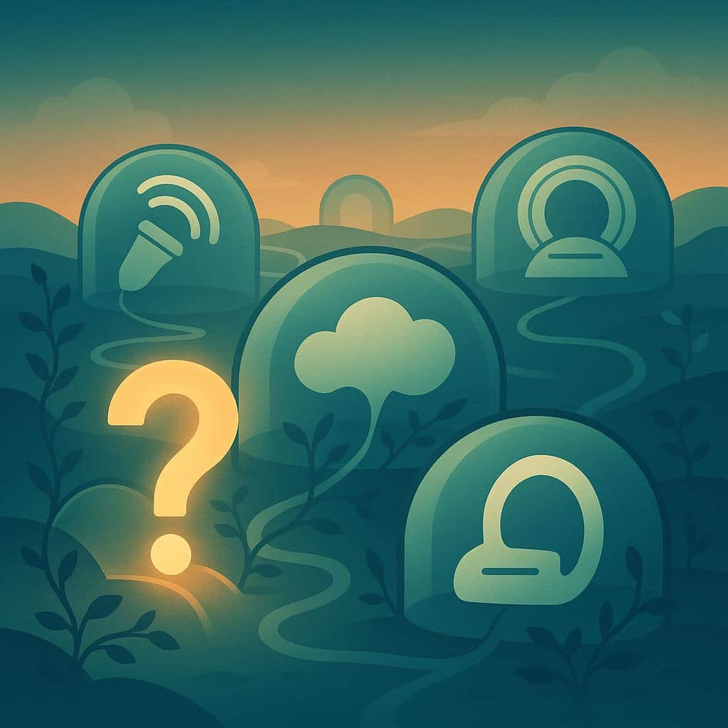 Flat vector illustration of interconnected transparent domes and tunnels with a glowing question mark, abstractly representing the limits of scans and tests for endometriosis.