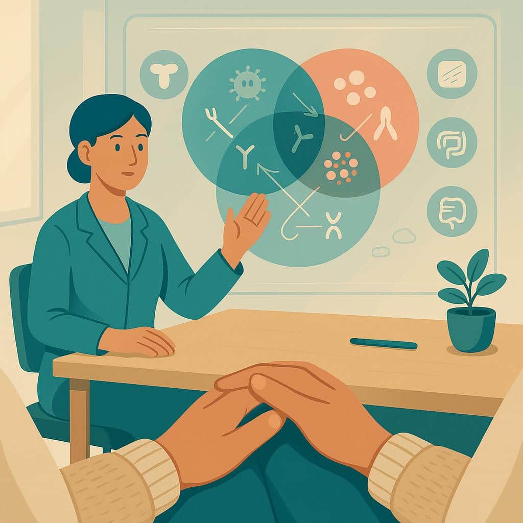 Point-of-view vector scene of a woman in a clinic as a clinician points to a Venn-style display linking immune cells with endometriosis, suggesting autoimmune comorbidity.