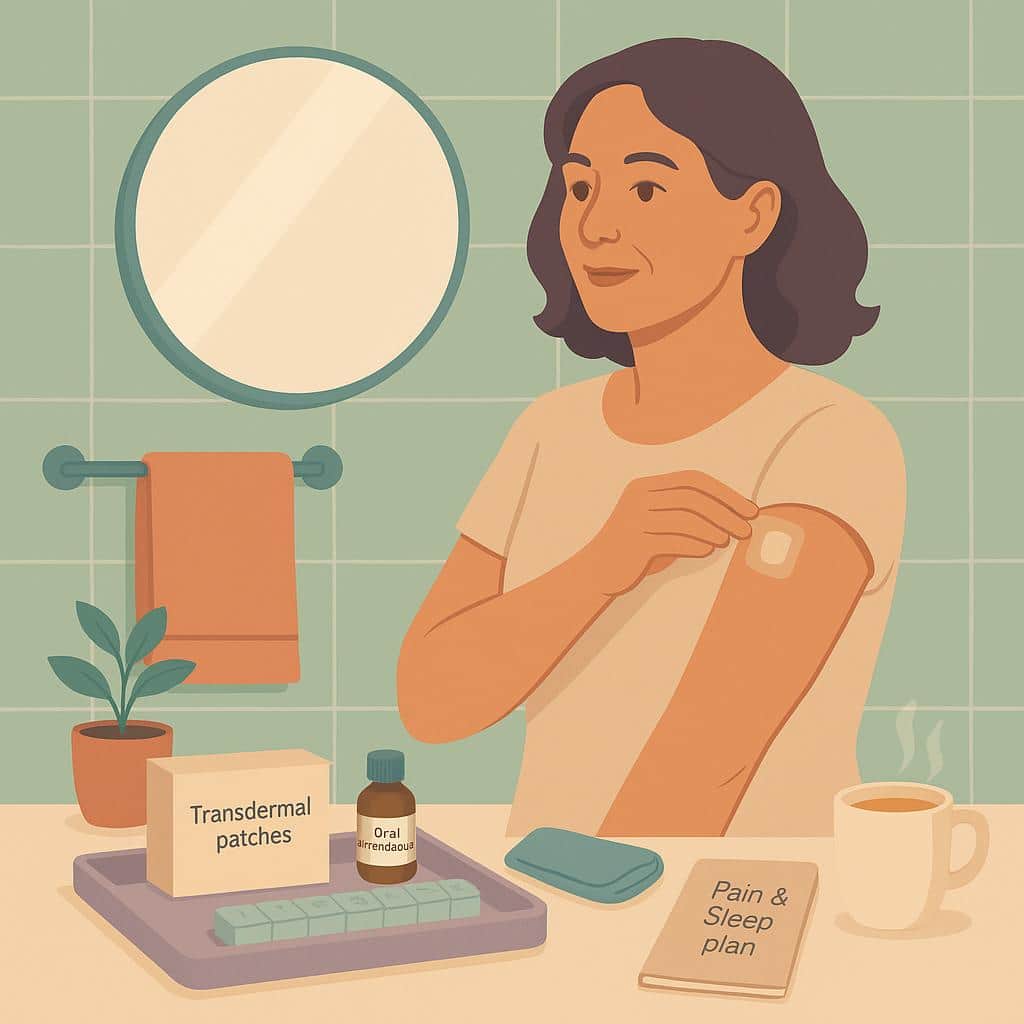 Eye-level vector scene of a midlife woman applying an HRT patch in a sunlit bathroom beside a tidy tray of pain-relief and self-care items.