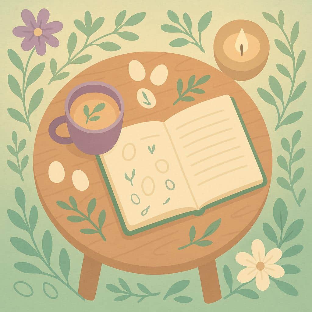 A top-down view of a peaceful garden table with an open journal, surrounded by plants, flowers, and gentle fertility symbols, representing calm planning and hope.