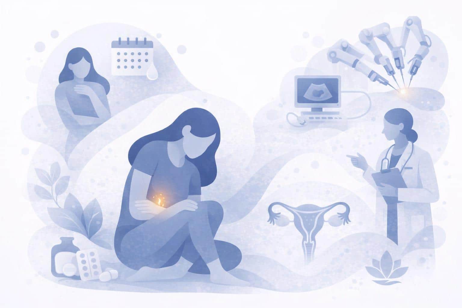 An illustrative collage of a female showing discomfort, robotic surgery, a doctor discussing treatment, medicines, and calendar.