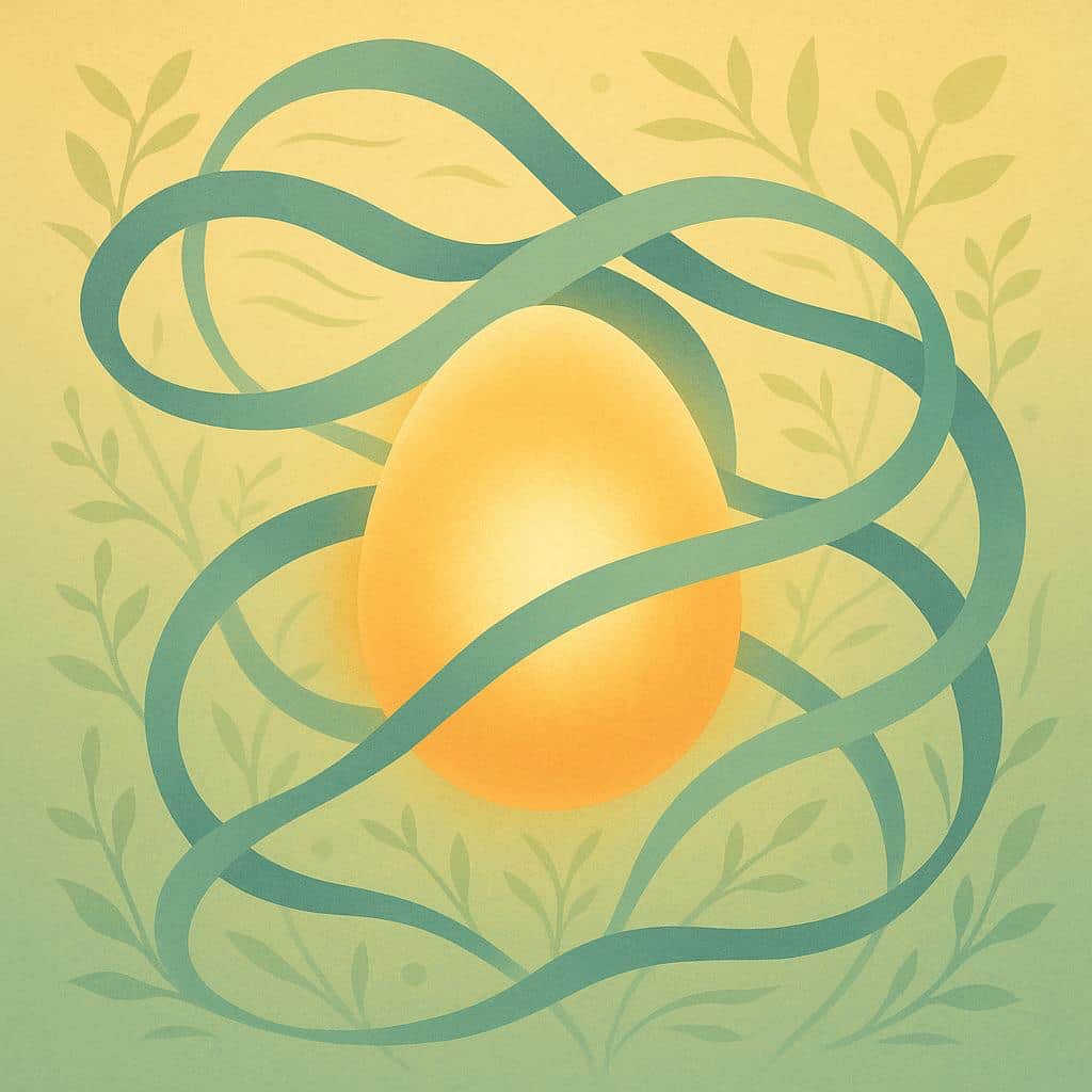 A stylized abstract egg encircled by gentle swirling ribbons, symbolizing fertility and the effects of endometriosis, set against a botanical-themed background in soft greens and golds.