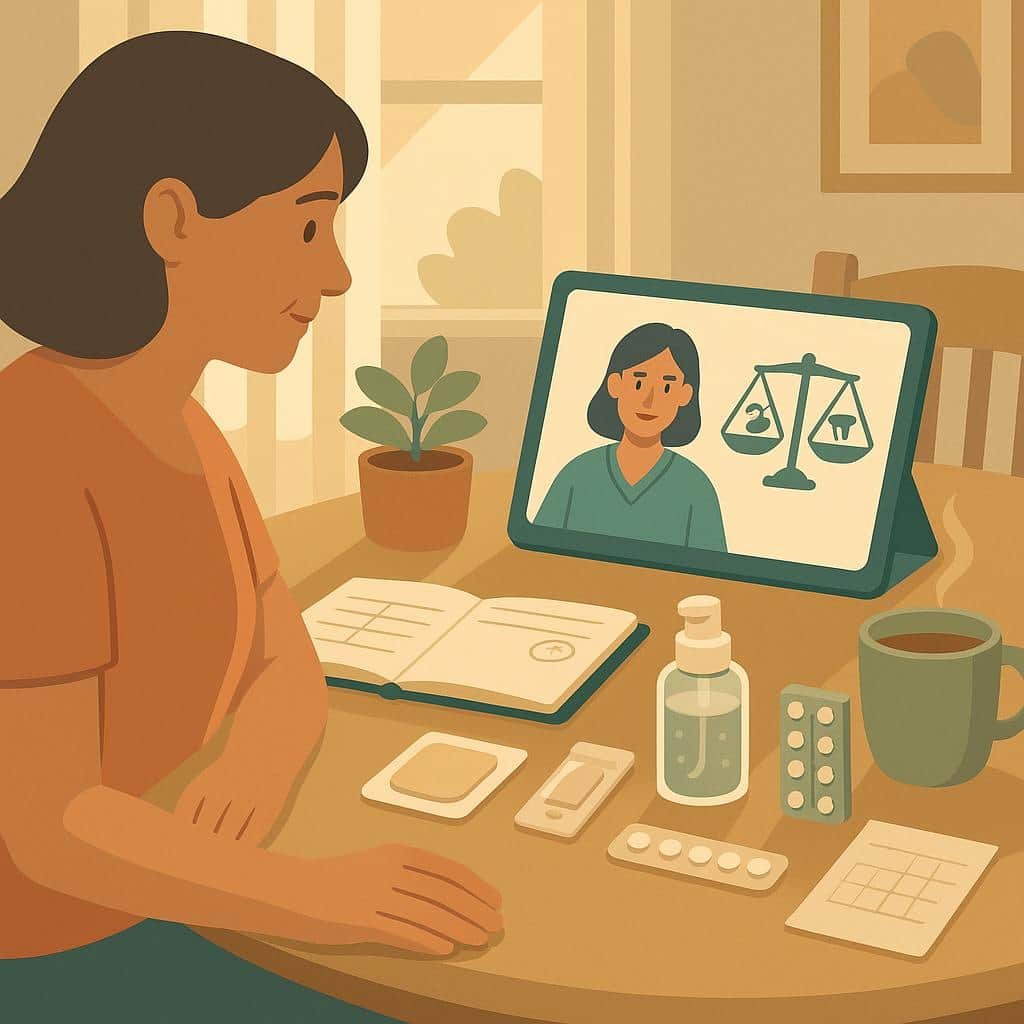 POV illustration of a midlife woman in a calm home setting on a video call with a clinician about HRT, with patch, gel, pills, and a calendar hinting at timing to convey risk–benefit balance after endometriosis.