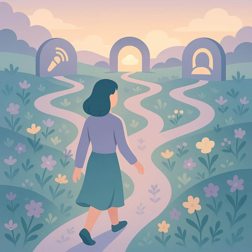 Illustration of branching garden paths in a flowering meadow at dawn, each path leading to glowing arches, symbolizing different diagnostic possibilities.