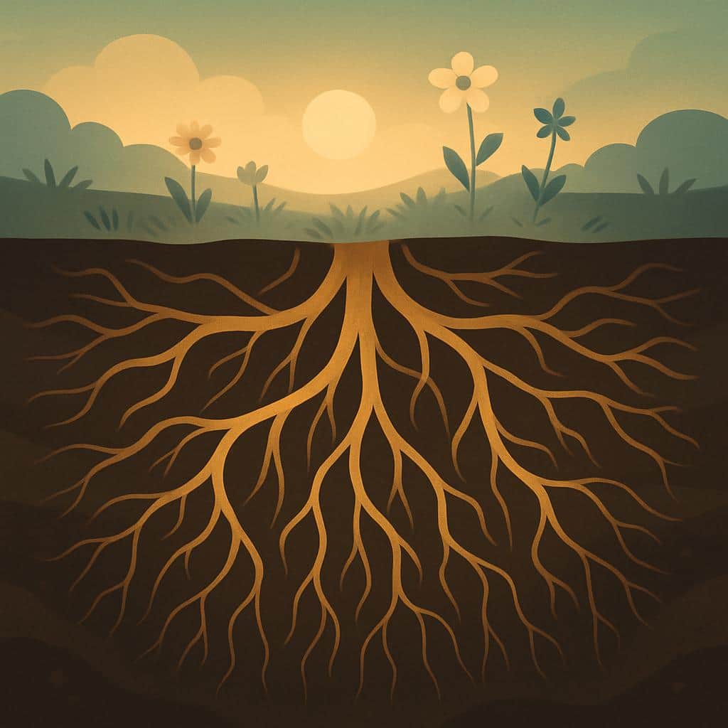 Flat vector illustration of tangled golden roots burrowing deep below a sunlit meadow, symbolizing deep infiltrating endometriosis hidden beneath the surface.