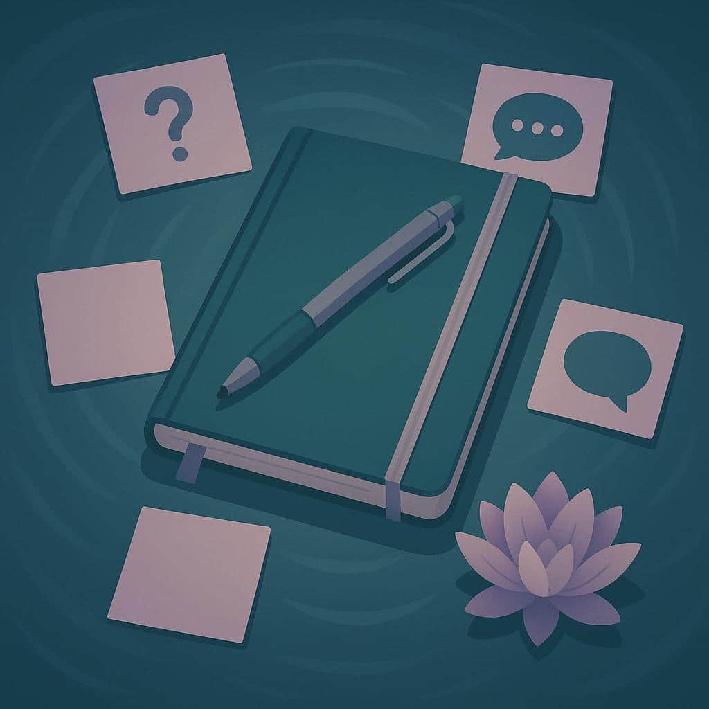 Flat vector illustration of a top-down view of a desk with a closed journal, pen, speech bubbles, sticky notes, and a blooming lotus flower, representing patient empowerment and advocacy.